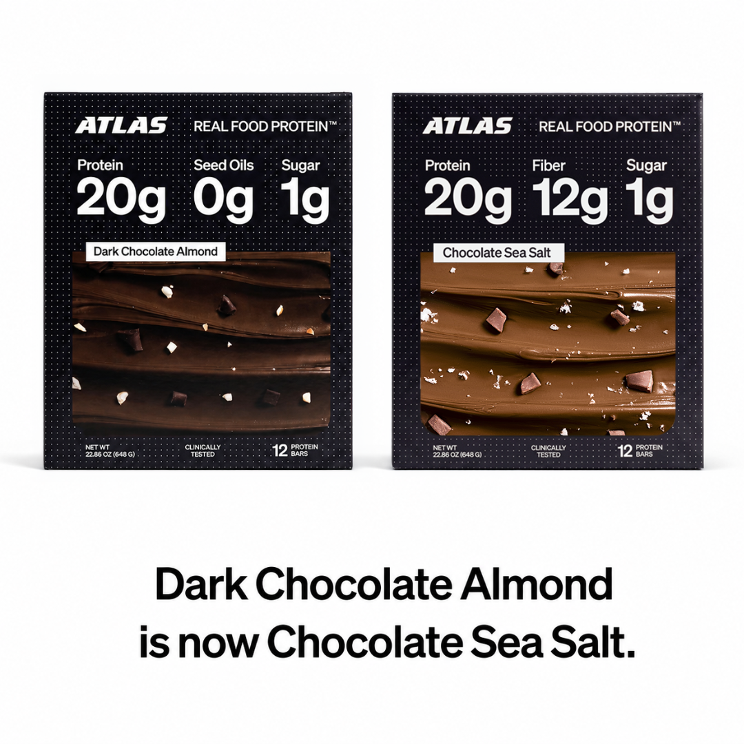 Dark Chocolate Almond package beside the new Chocolate Sea Salt package