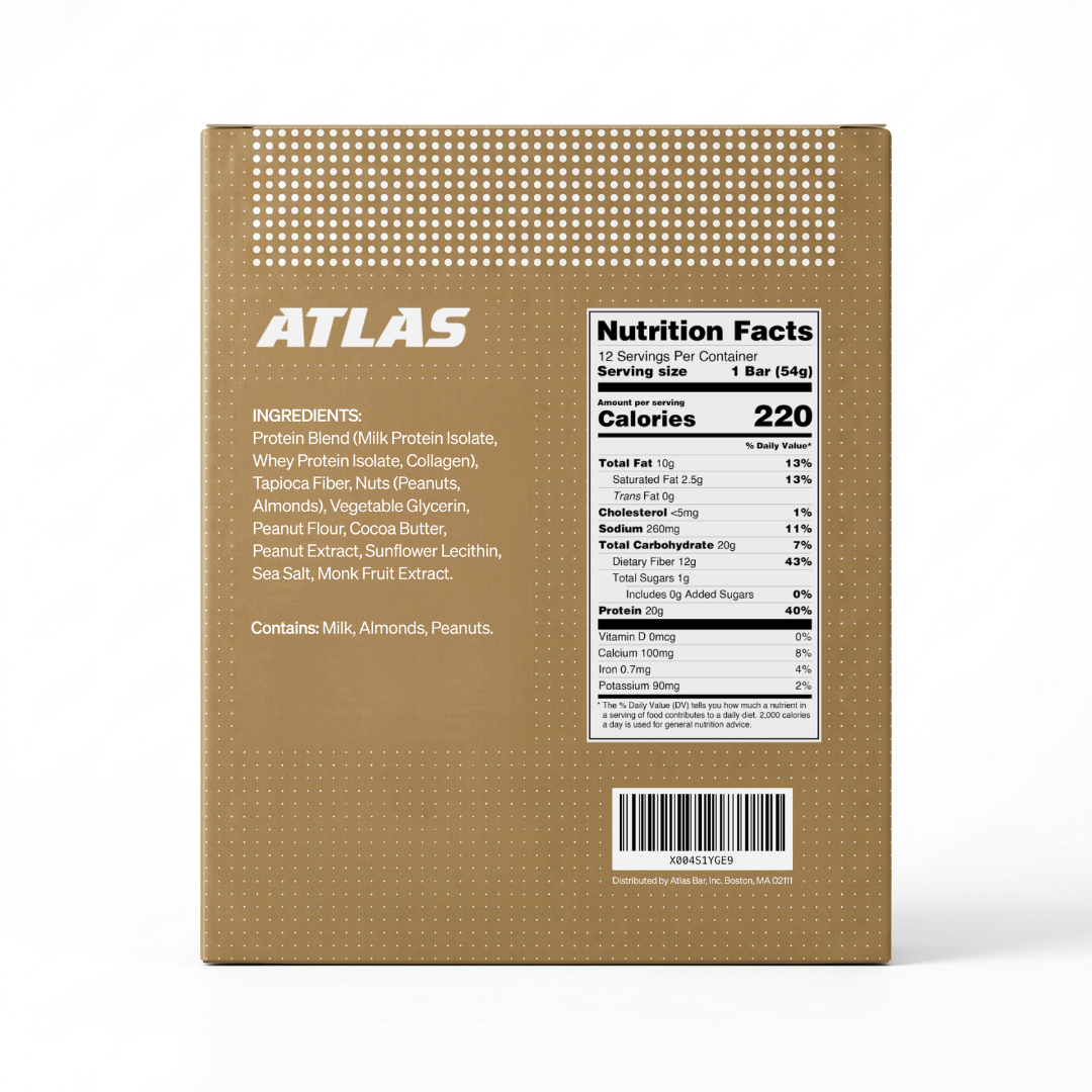 Atlas Salted Peanut Butter 12-count box back with ingredients and Nutrition Facts