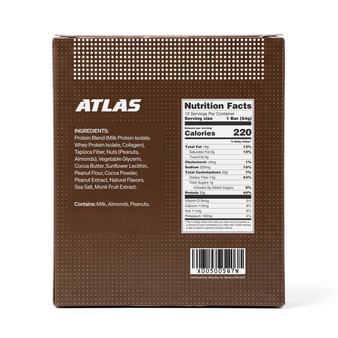Atlas Chocolate Peanut Butter 12-count box back with ingredients and Nutrition Facts