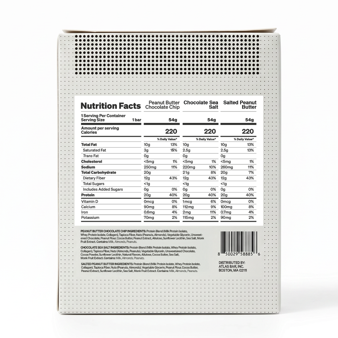 Atlas Variety Pack 12-count box back with ingredients and Nutrition Facts