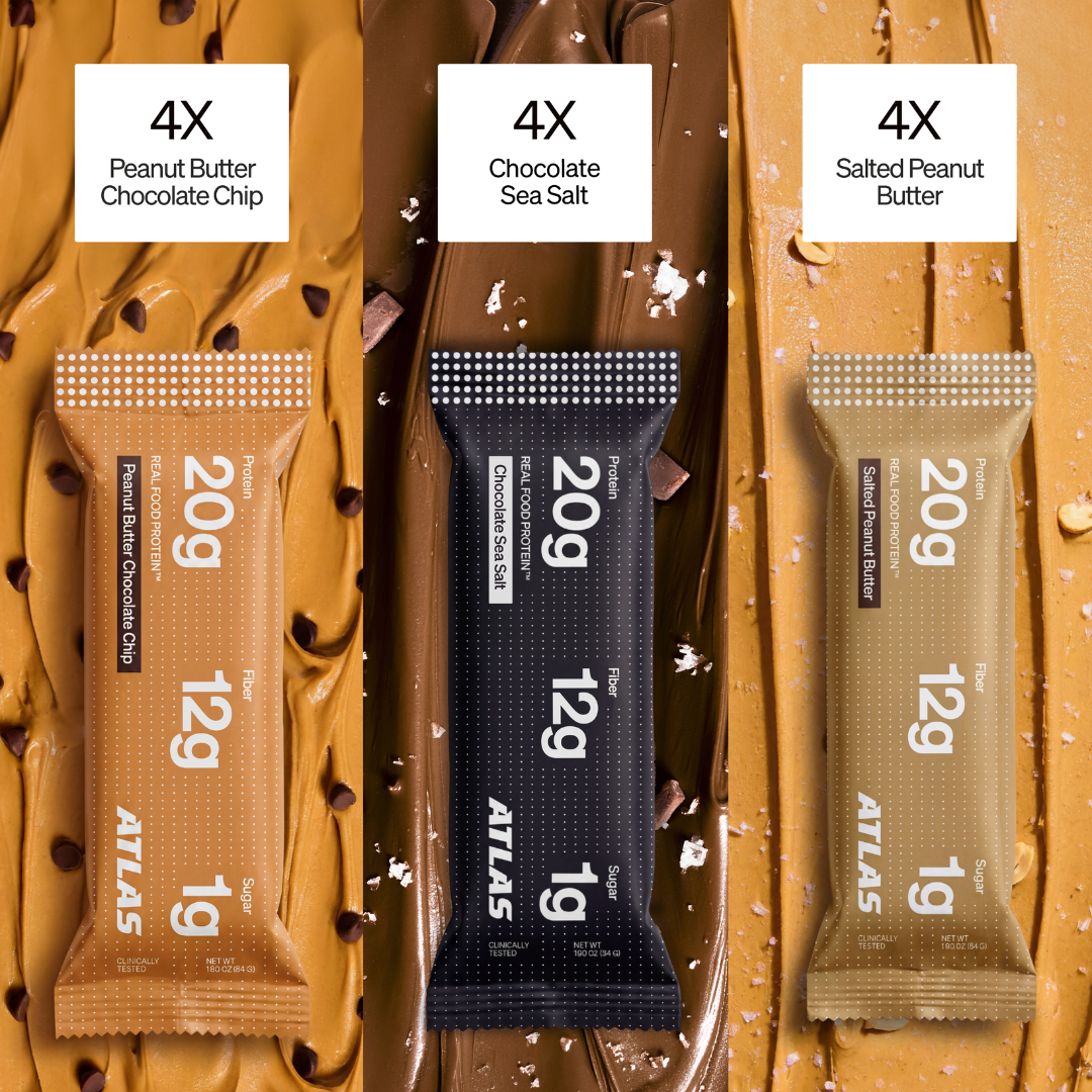 Atlas Variety Pack contents with four bars of each included flavor