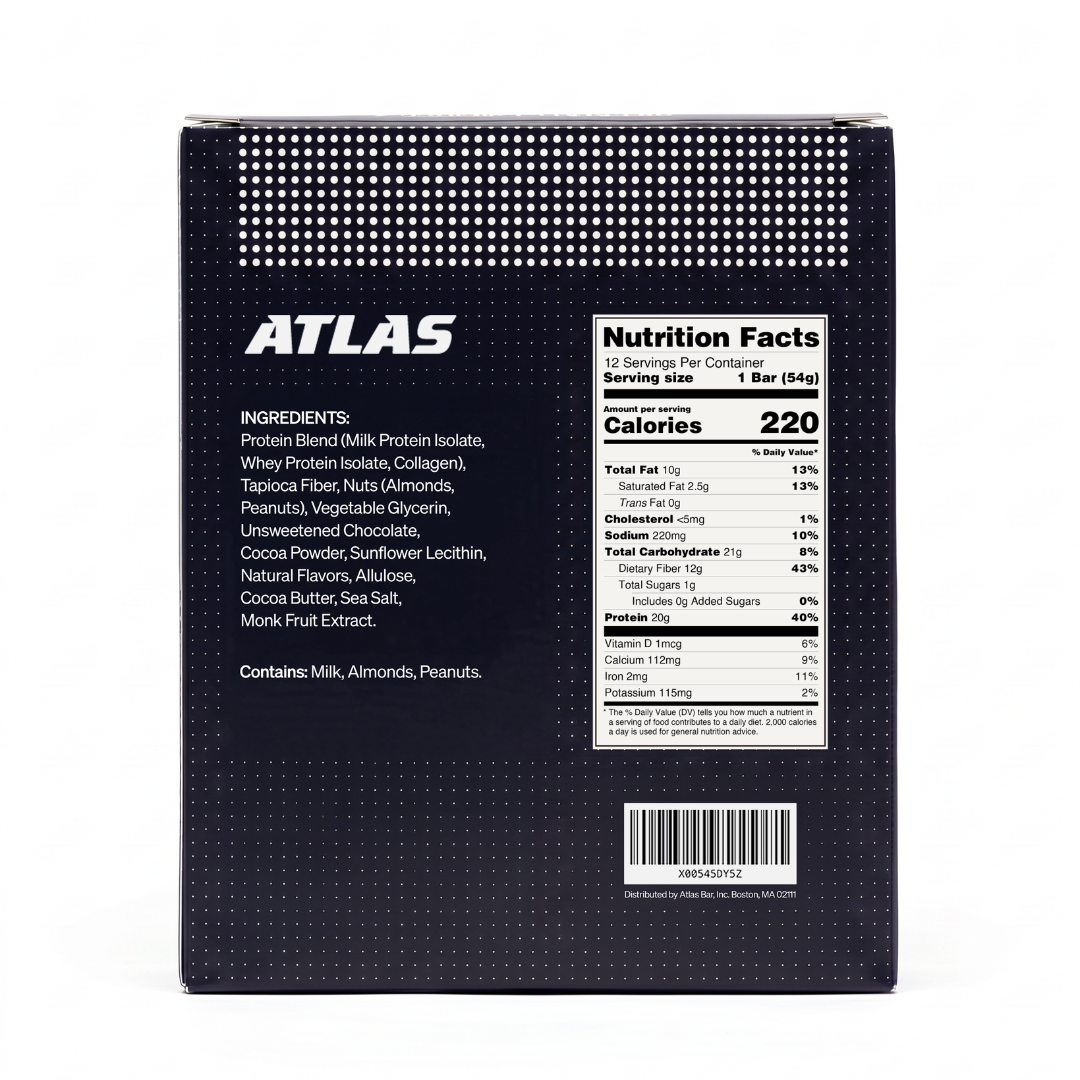 Atlas Chocolate Sea Salt 12-count box back with ingredients and Nutrition Facts