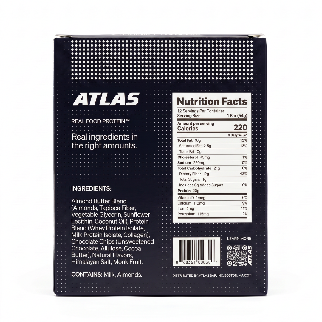 Atlas Dark Chocolate Almond 12-count box back with ingredients and Nutrition Facts