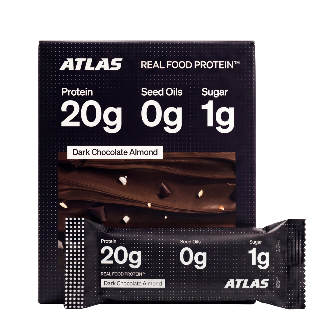 Atlas Dark Chocolate Almond protein bars front package view