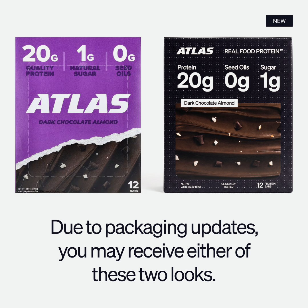Current and previous Atlas Dark Chocolate Almond packaging