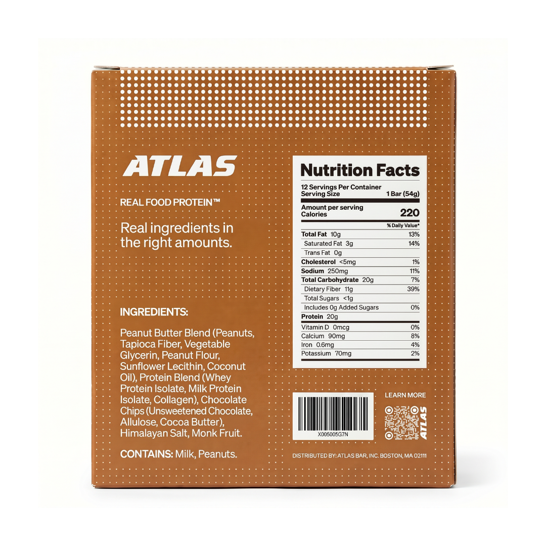 Atlas Peanut Butter Chocolate Chip 12-count box back with ingredients and Nutrition Facts