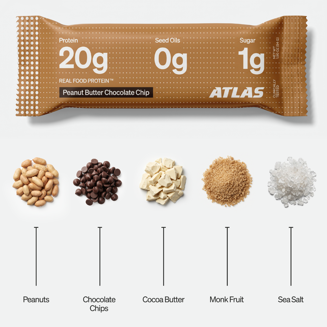 Peanut Butter Chocolate Chip Atlas Bar with peanuts, chocolate, cocoa butter, monk fruit and sea salt