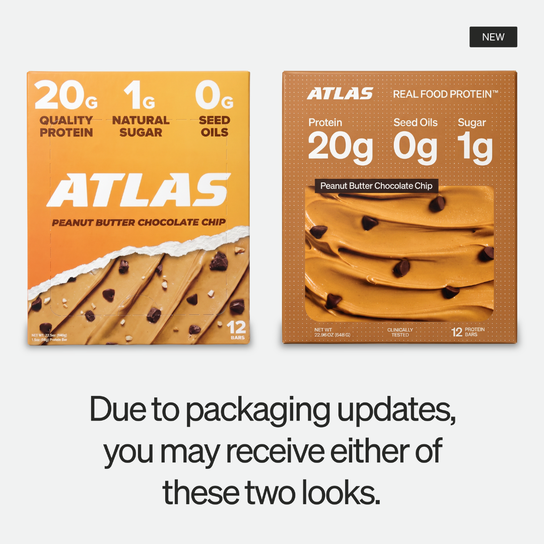 Current and previous Atlas Peanut Butter Chocolate Chip packaging