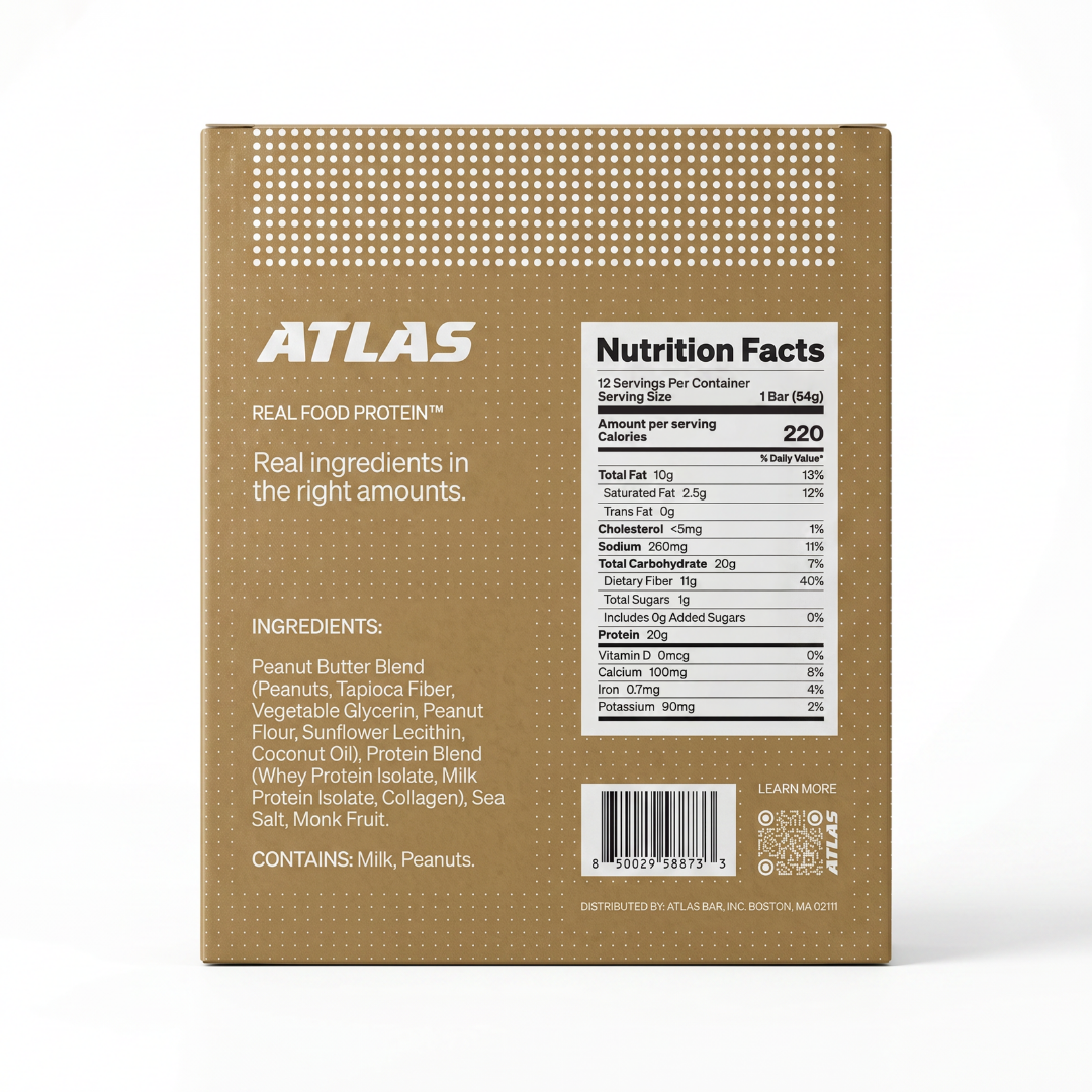 Atlas Salted Peanut Butter 12-count box back with ingredients and Nutrition Facts