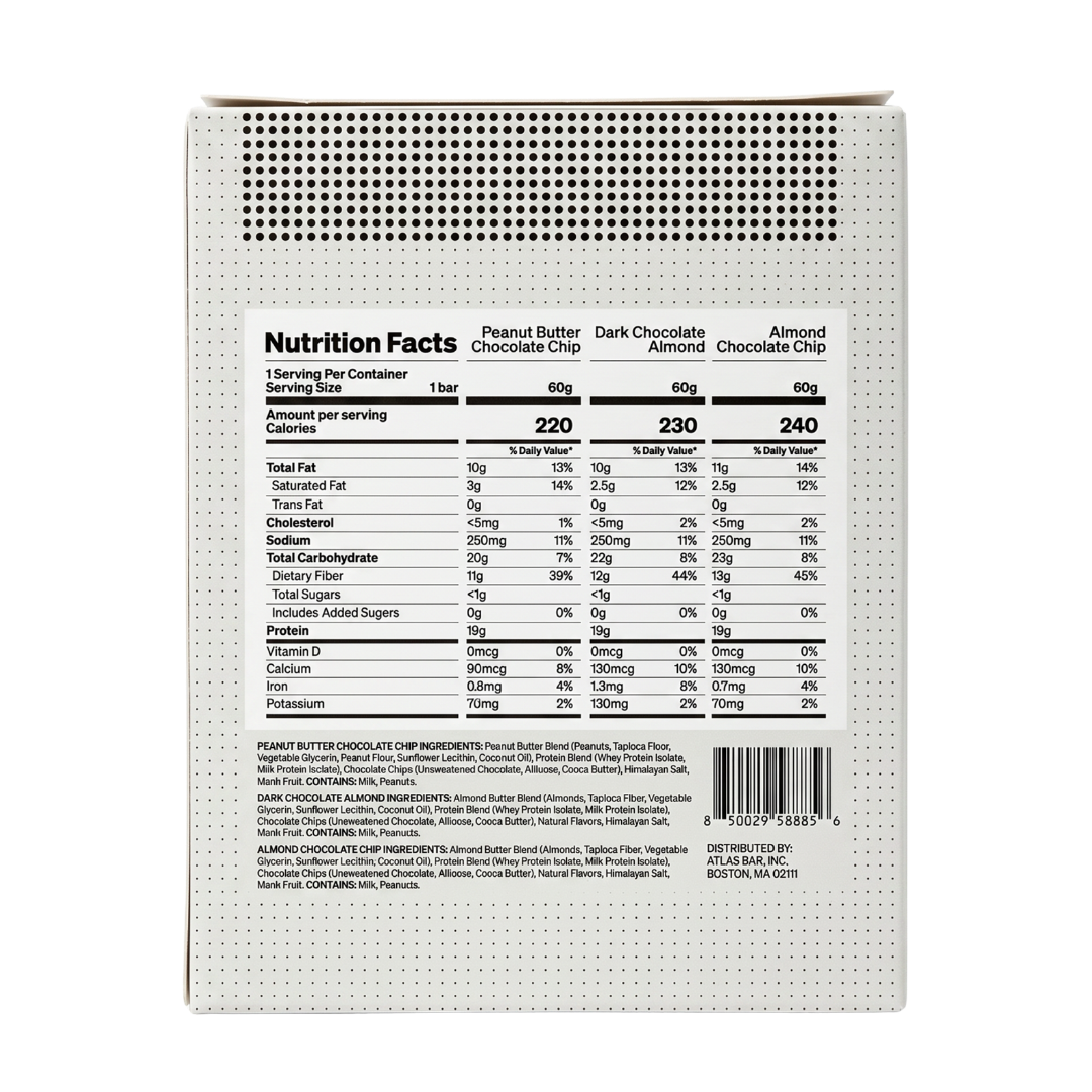 Atlas Protein Bars variety pack back with ingredients and Nutrition Facts