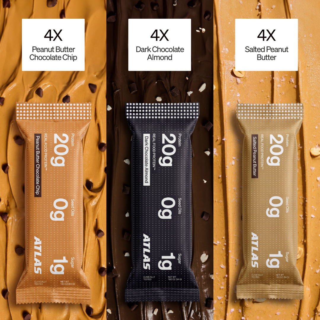Atlas Protein Bars variety pack contents with four bars of each flavor